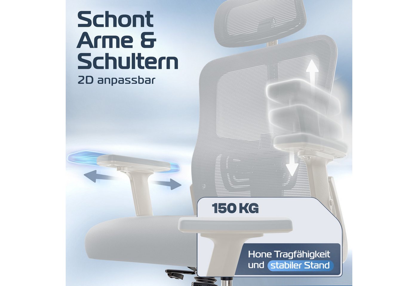 CLOUVOU Bürostuhl Ergonomisch, Schreibtischstuhl bis 150 kg (BrightSeat - Chefsessel für Arbeitszimmer, 2D Armlehne), Blade Wheels, Homeoffice, Gaming Stuhl, Dr – Bild 3 von 5
