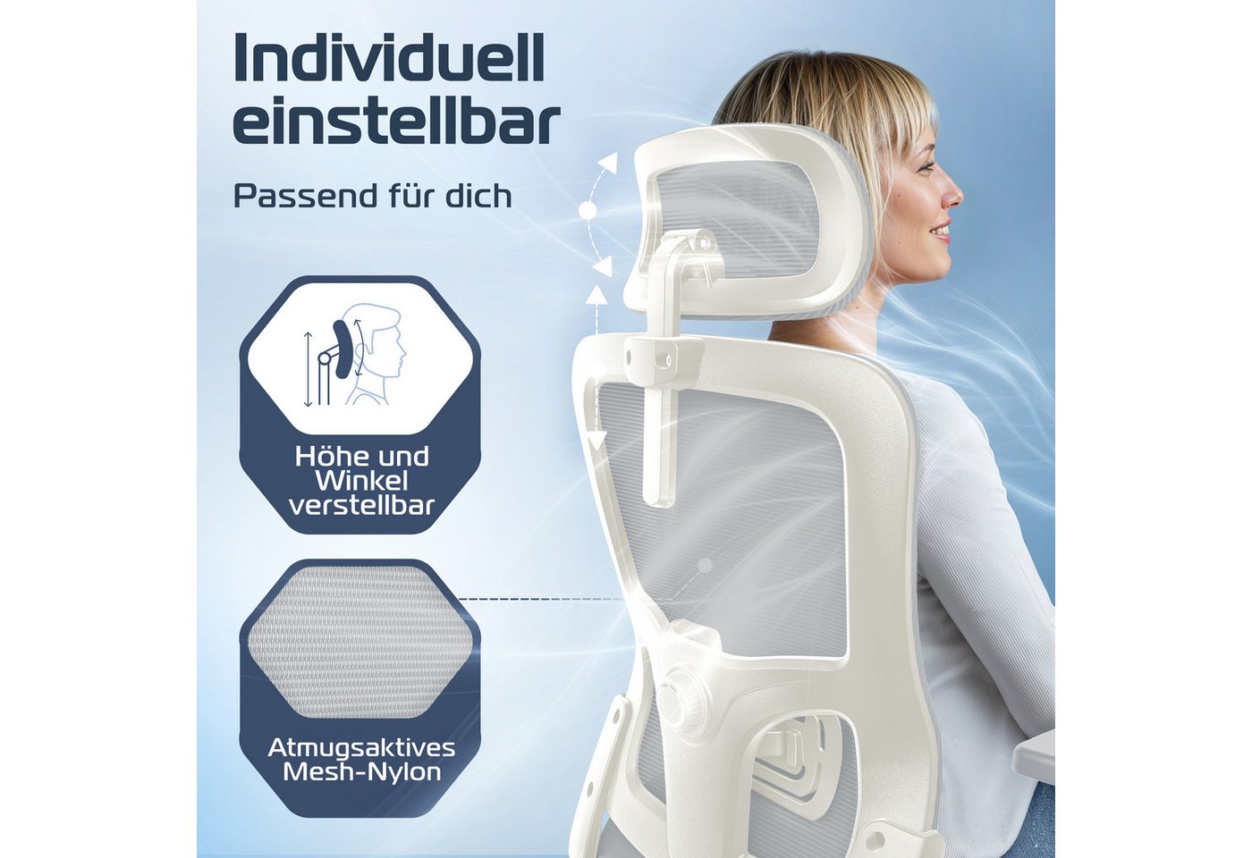 CLOUVOU Bürostuhl Ergonomisch, Schreibtischstuhl bis 150 kg (BrightSeat - Chefsessel für Arbeitszimmer, 2D Armlehne), Blade Wheels, Homeoffice, Gaming Stuhl, Dr – Bild 4 von 5