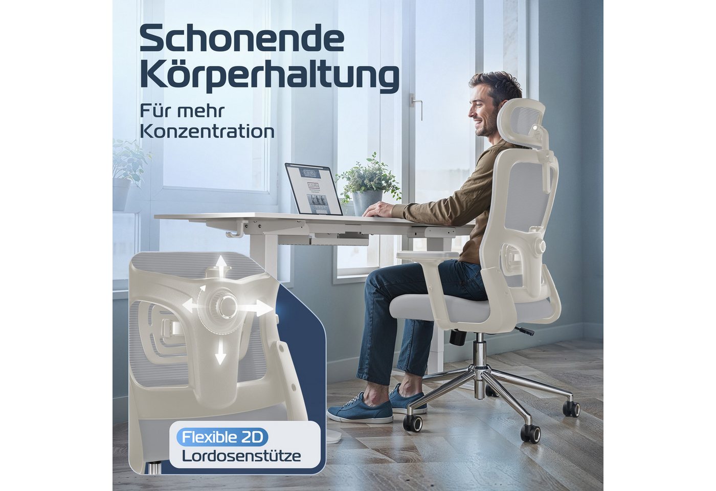 CLOUVOU Bürostuhl Ergonomisch, Schreibtischstuhl bis 150 kg (BrightSeat - Chefsessel für Arbeitszimmer, 2D Armlehne), Blade Wheels, Homeoffice, Gaming Stuhl, Dr – Bild 5 von 5