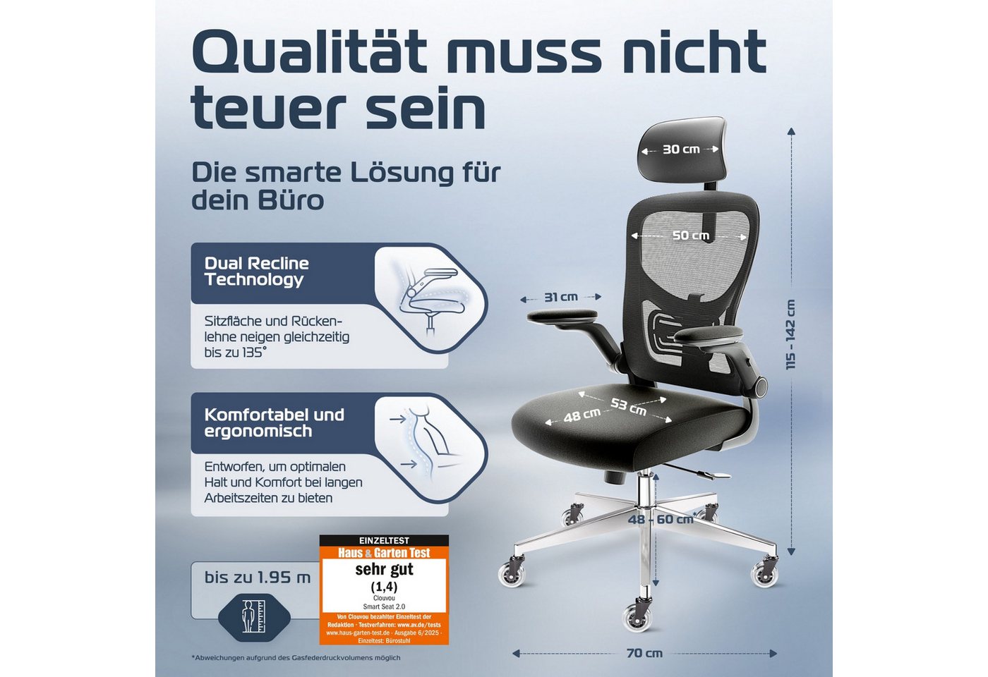 CLOUVOU Bürostuhl Ergonomisch, Schreibtischstuhl bis 150 kg (SmartSeat - Chefsessel für Arbeitszimmer, 3D-Kopfstütze & Flip-Up Armlehnen), Blade Wheels, Homeoff – Bild 2 von 5