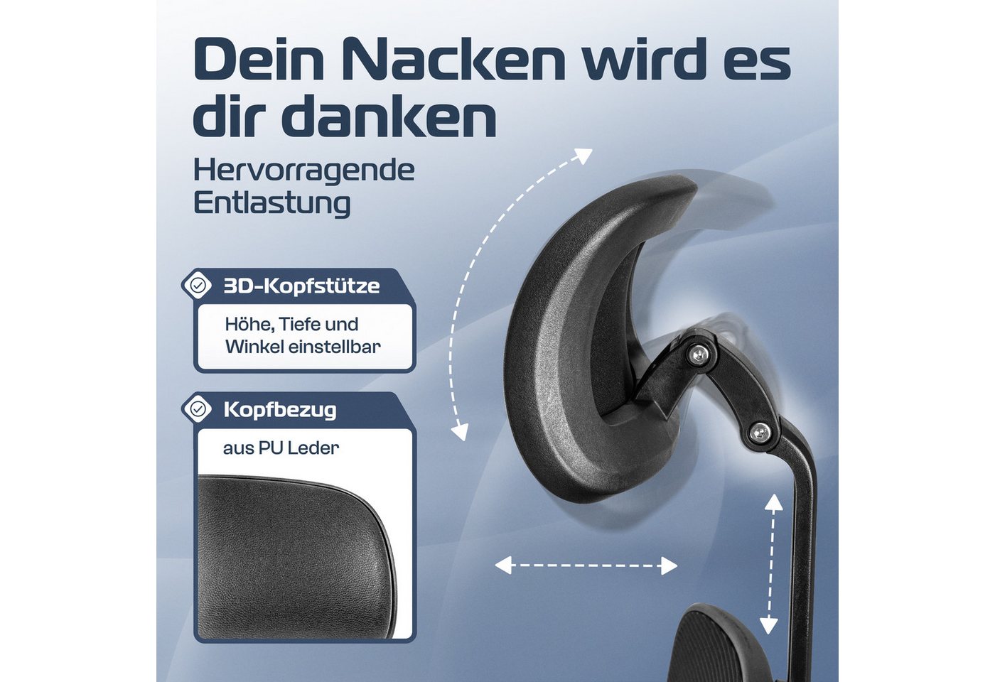 CLOUVOU Bürostuhl Ergonomisch, Schreibtischstuhl bis 150 kg (SmartSeat - Chefsessel für Arbeitszimmer, 3D-Kopfstütze & Flip-Up Armlehnen), Blade Wheels, Homeoff – Bild 3 von 5