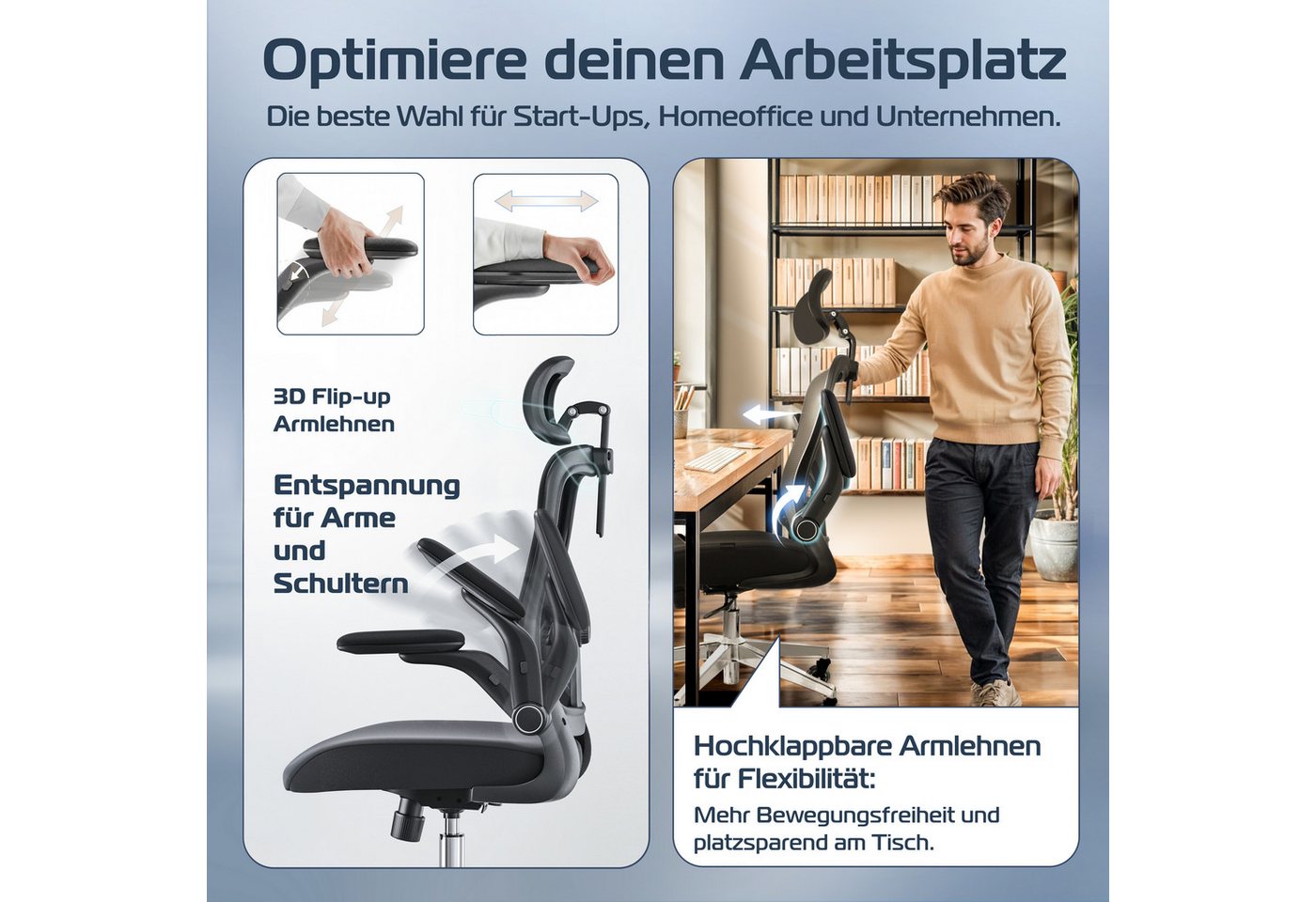 CLOUVOU Bürostuhl Ergonomisch, Schreibtischstuhl bis 150 kg (SmartSeat - Chefsessel für Arbeitszimmer, 3D-Kopfstütze & Flip-Up Armlehnen), Blade Wheels, Homeoff – Bild 5 von 5
