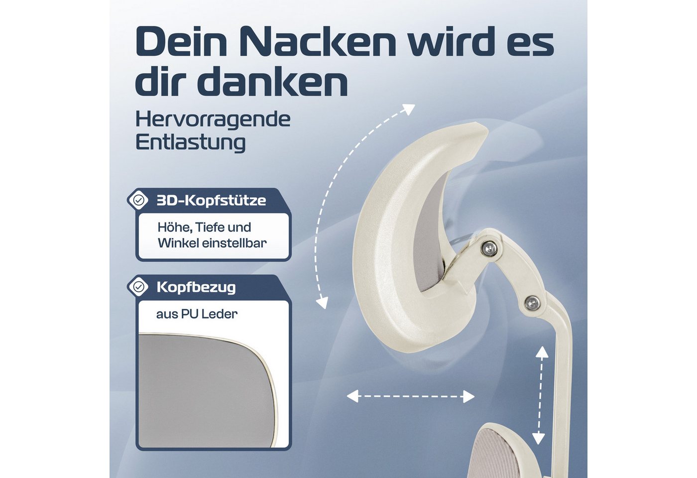 CLOUVOU Bürostuhl Ergonomisch, Schreibtischstuhl bis 150 kg (SmartSeat - Chefsessel für Arbeitszimmer, 3D-Kopfstütze & Flip-Up Armlehnen), Blade Wheels, Homeoff – Bild 3 von 5