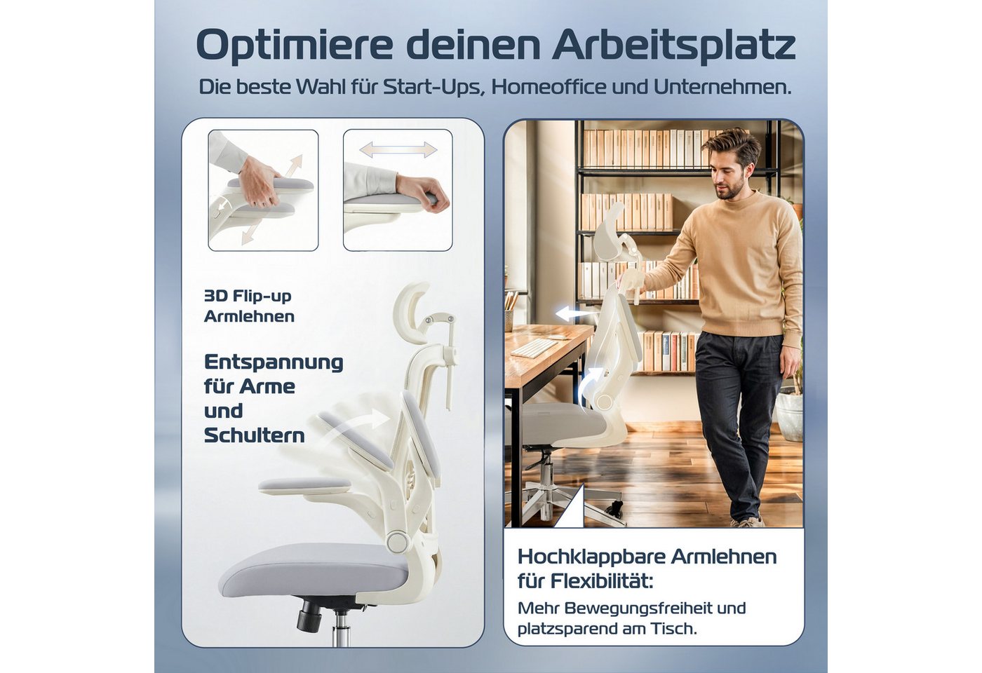 CLOUVOU Bürostuhl Ergonomisch, Schreibtischstuhl bis 150 kg (SmartSeat - Chefsessel für Arbeitszimmer, 3D-Kopfstütze & Flip-Up Armlehnen), Blade Wheels, Homeoff – Bild 5 von 5