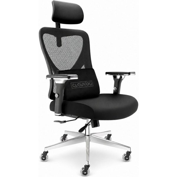 CLOUVOU Bürostuhl Ergonomisch, Schreibtischstuhl bis 150 kg (CleverSeat - Chefsessel für Arbeitszimmer, 4D Chrom-Metallarmlehne), Blade Wheels, Homeoffice, Gami