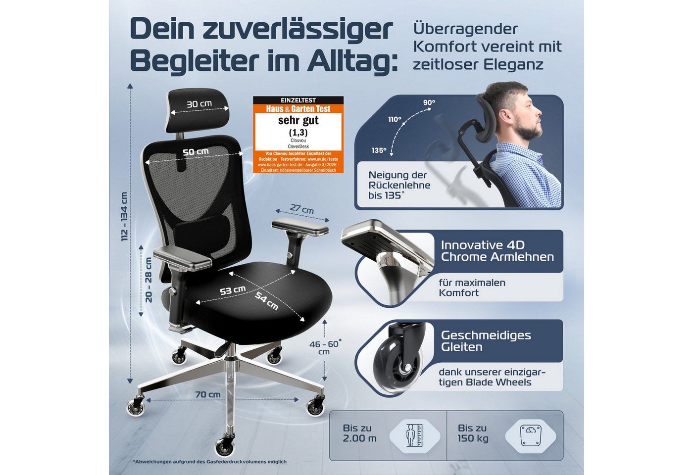 CLOUVOU Bürostuhl Ergonomisch, Schreibtischstuhl bis 150 kg (CleverSeat - Chefsessel für Arbeitszimmer, 4D Chrom-Metallarmlehne), Blade Wheels, Homeoffice, Gami – Bild 2 von 5