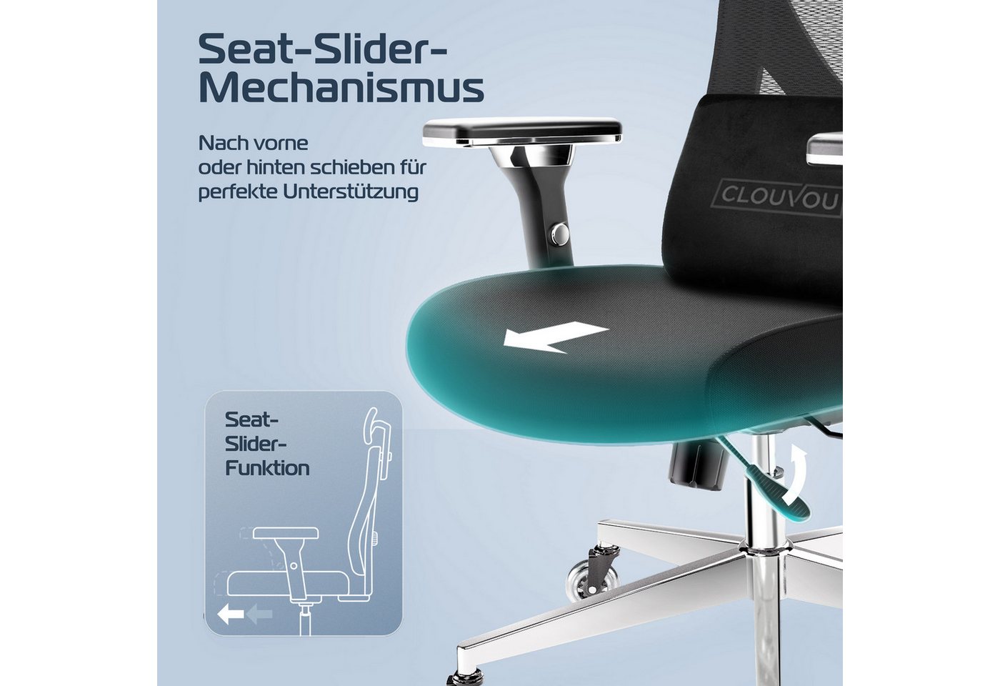 CLOUVOU Bürostuhl Ergonomisch, Schreibtischstuhl bis 150 kg (CleverSeat - Chefsessel für Arbeitszimmer, 4D Chrom-Metallarmlehne), Blade Wheels, Homeoffice, Gami – Bild 4 von 5