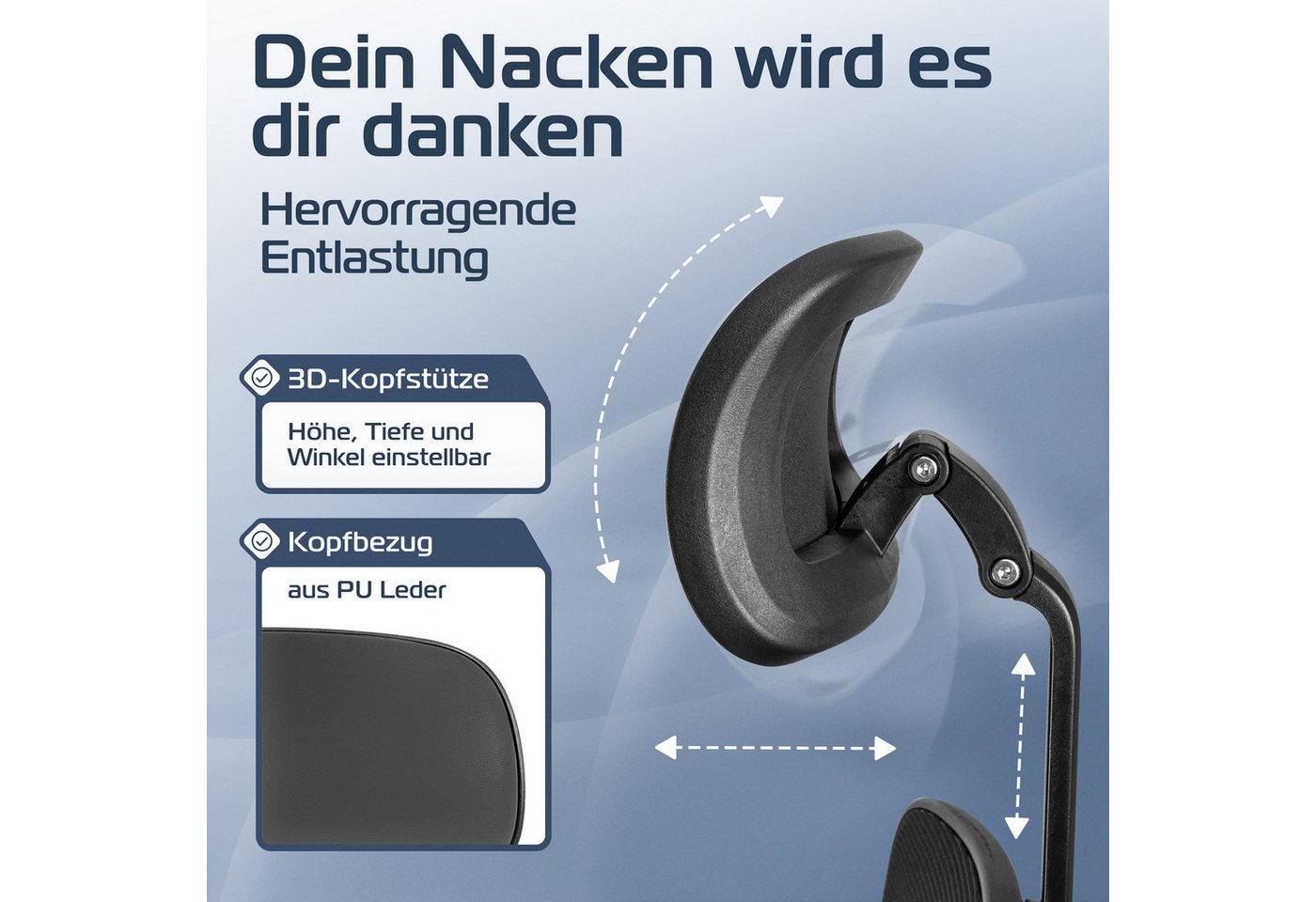 CLOUVOU Bürostuhl Ergonomisch, Schreibtischstuhl bis 150 kg (CleverSeat - Chefsessel für Arbeitszimmer, 4D Chrom-Metallarmlehne), Blade Wheels, Homeoffice, Gami – Bild 5 von 5