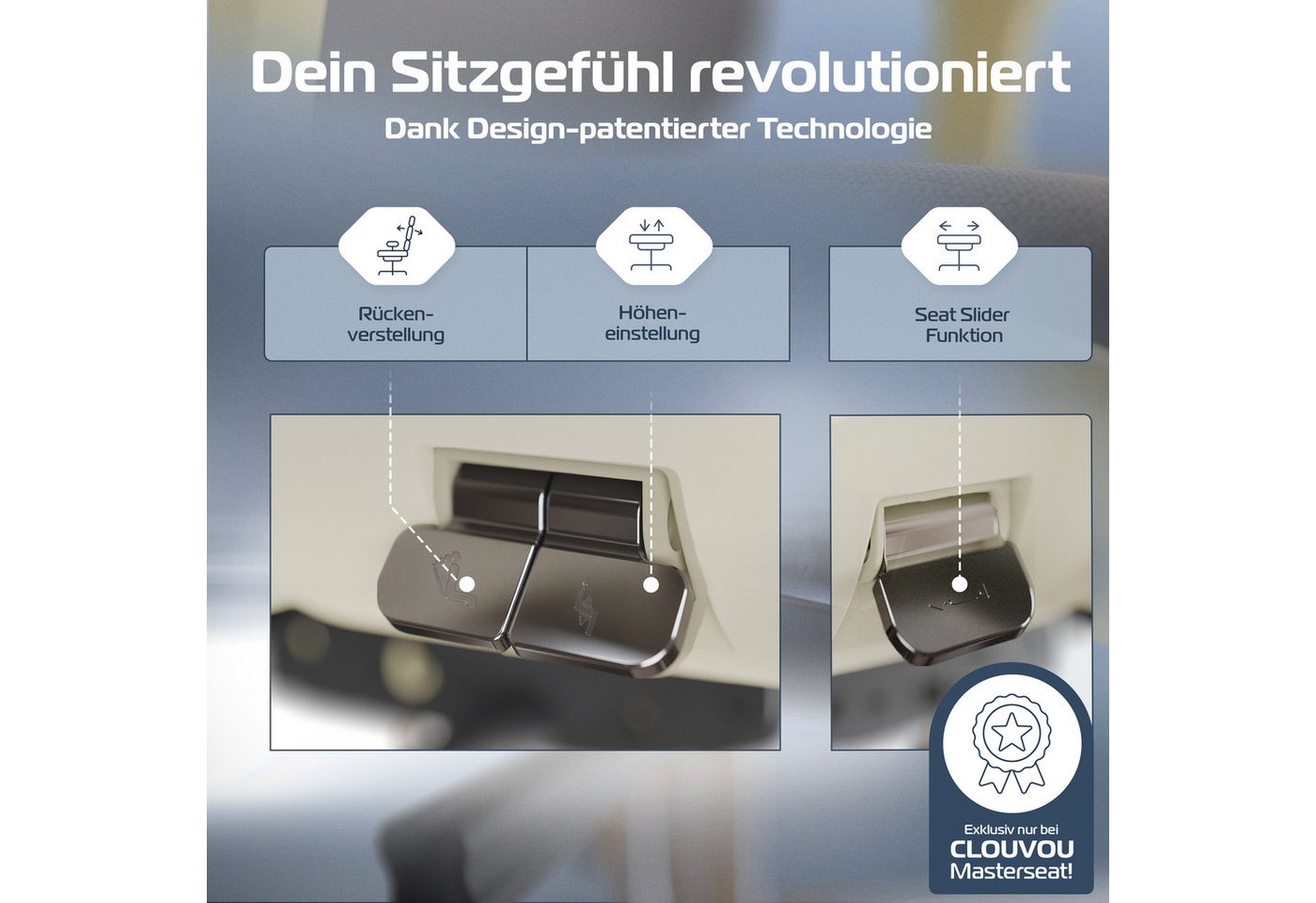 CLOUVOU Bürostuhl Ergonomisch, Schreibtischstuhl bis 150 kg (MasterSeat - Chefsessel für Arbeitszimmer, 4D Gaming Armlehnen), Blade Wheels, Homeoffice, Gaming S – Bild 4 von 5