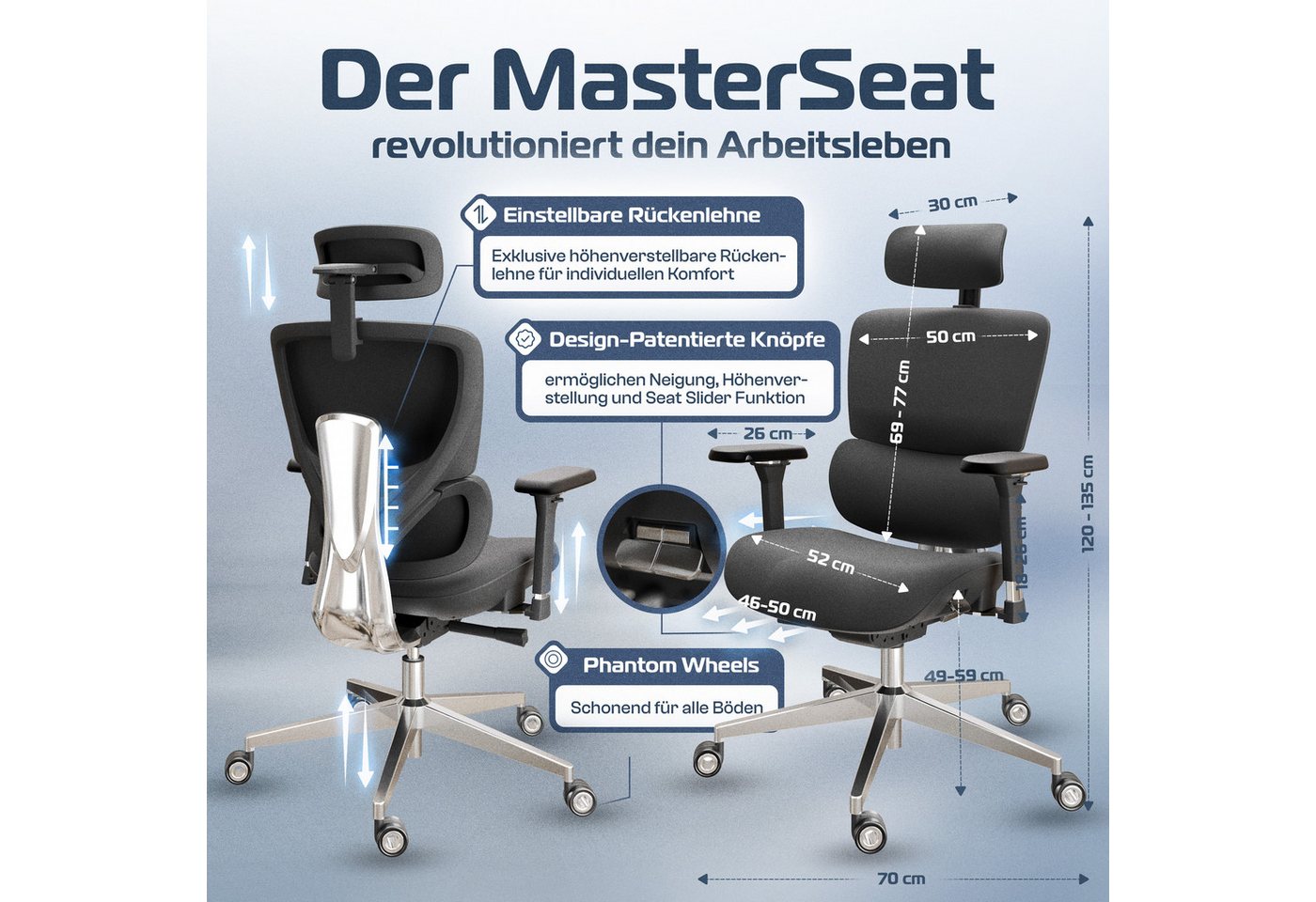 CLOUVOU Bürostuhl Ergonomisch, Schreibtischstuhl bis 150 kg (MasterSeat - Chefsessel für Arbeitszimmer, 4D Gaming Armlehnen), Blade Wheels, Homeoffice, Gaming S – Bild 2 von 5
