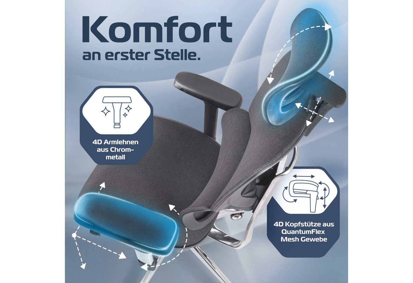 CLOUVOU Bürostuhl Ergonomisch, Schreibtischstuhl bis 150 kg (MasterSeat - Chefsessel für Arbeitszimmer, 4D Gaming Armlehnen), Blade Wheels, Homeoffice, Gaming S – Bild 3 von 5