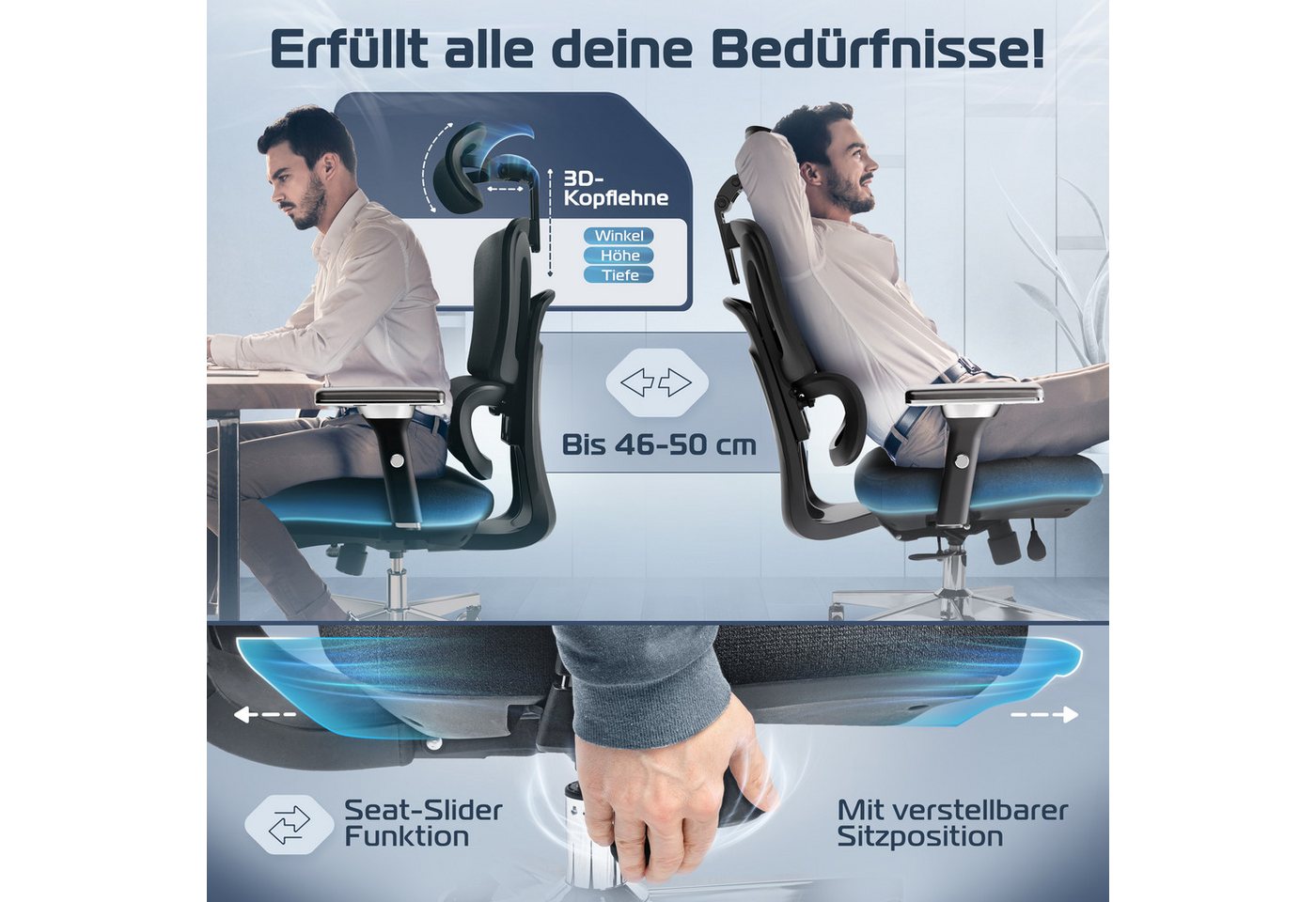 CLOUVOU Bürostuhl Ergonomisch, Schreibtischstuhl bis 150 kg (ProSeat - Chefsessel für Arbeitszimmer, 4D Gaming Armlehnen & 3D Kopfstütze), Blade Wheels, Homeoff – Bild 3 von 5