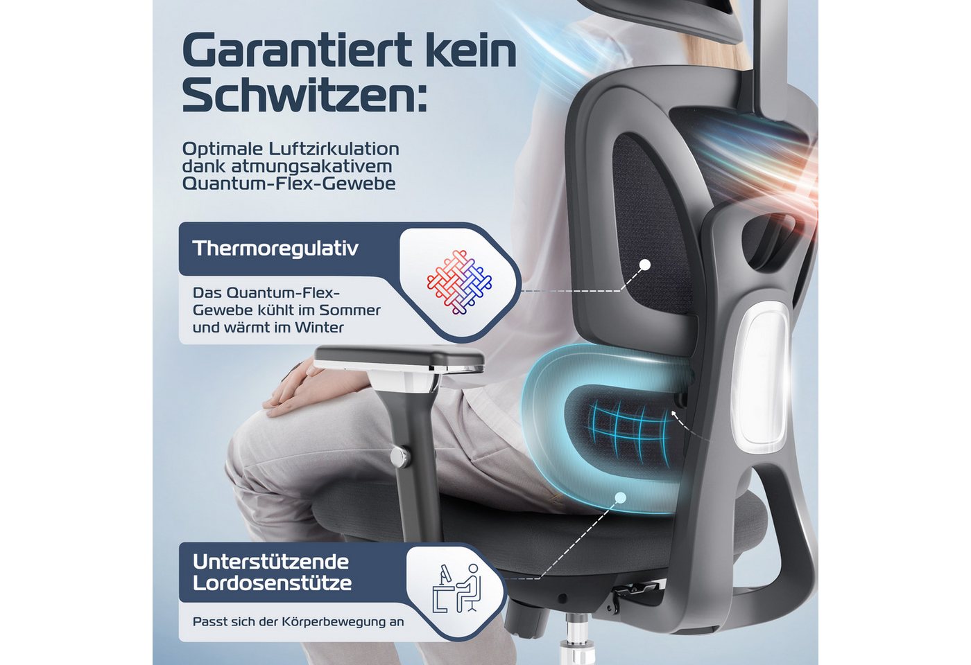 CLOUVOU Bürostuhl Ergonomisch, Schreibtischstuhl bis 150 kg (ProSeat - Chefsessel für Arbeitszimmer, 4D Gaming Armlehnen & 3D Kopfstütze), Blade Wheels, Homeoff – Bild 5 von 5