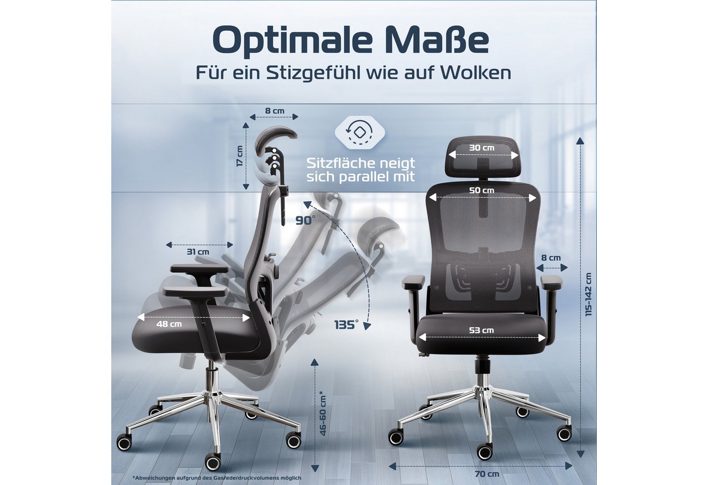 CLOUVOU Bürostuhl Ergonomisch, Schreibtischstuhl bis 150 kg (BrightSeat - Chefsessel für Arbeitszimmer, 2D Armlehne), Blade Wheels, Homeoffice, Gaming Stuhl, Dr – Bild 2 von 5