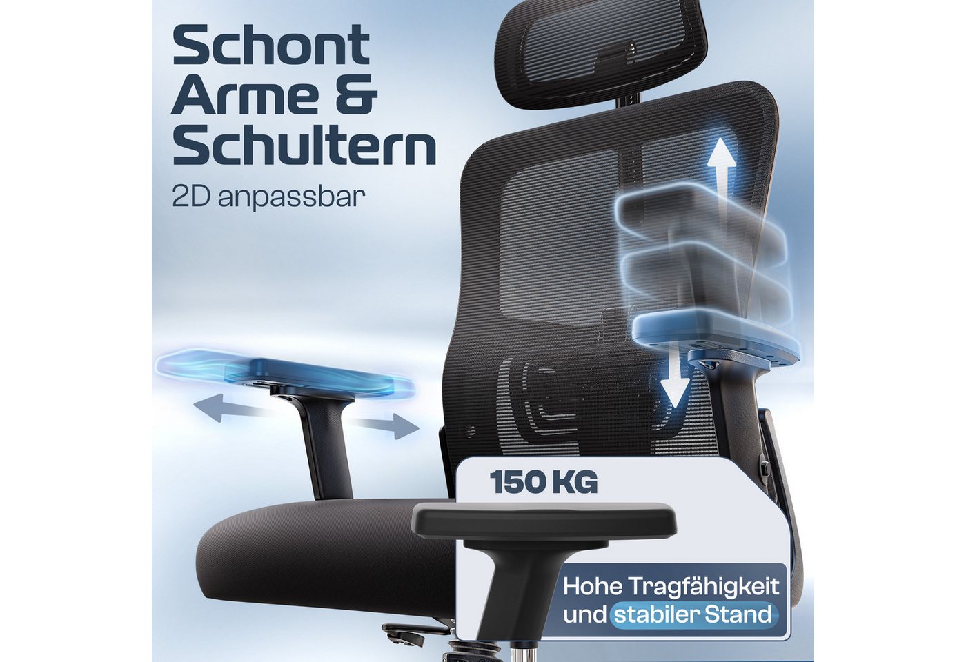 CLOUVOU Bürostuhl Ergonomisch, Schreibtischstuhl bis 150 kg (BrightSeat - Chefsessel für Arbeitszimmer, 2D Armlehne), Blade Wheels, Homeoffice, Gaming Stuhl, Dr – Bild 3 von 5