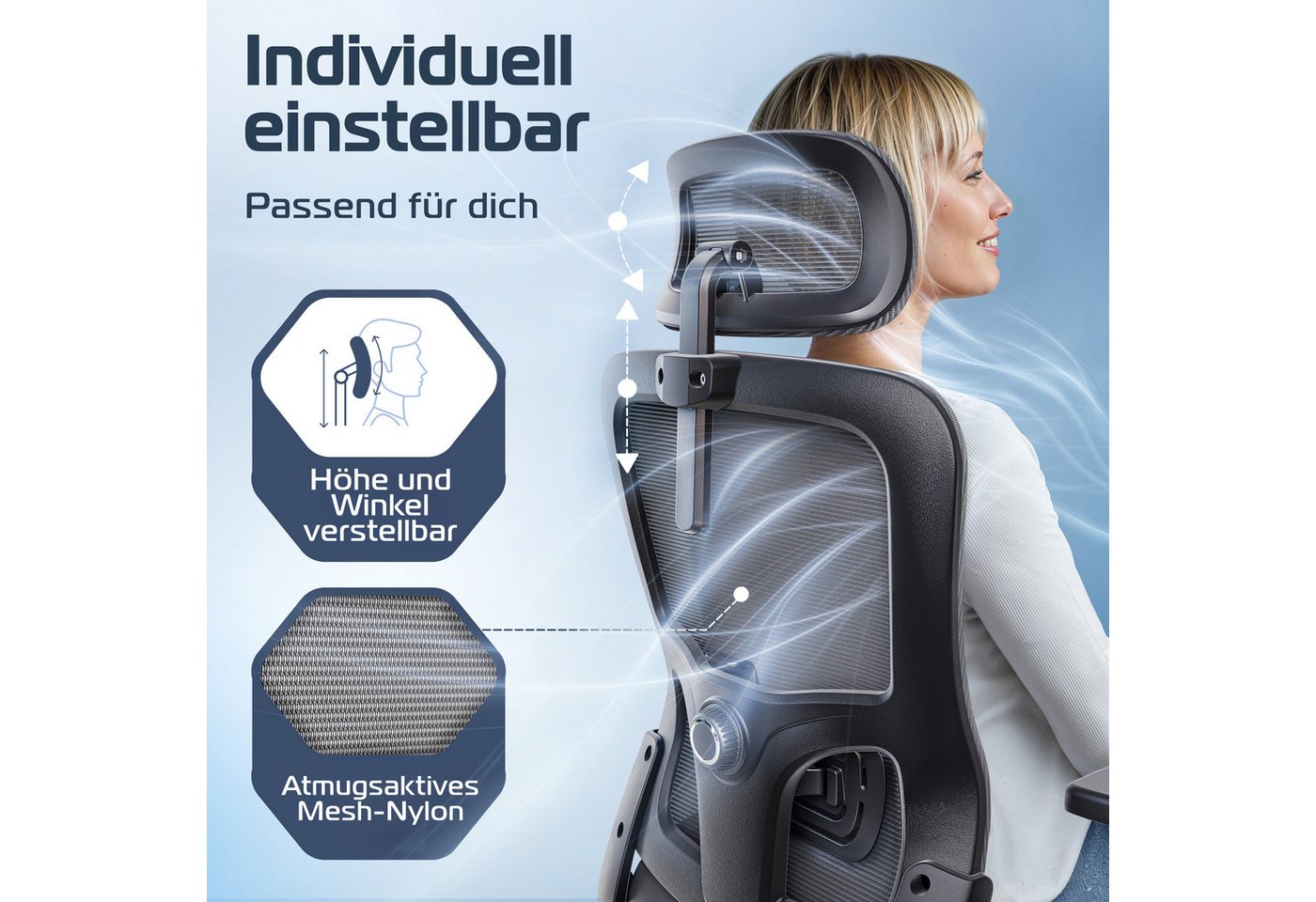 CLOUVOU Bürostuhl Ergonomisch, Schreibtischstuhl bis 150 kg (BrightSeat - Chefsessel für Arbeitszimmer, 2D Armlehne), Blade Wheels, Homeoffice, Gaming Stuhl, Dr – Bild 4 von 5