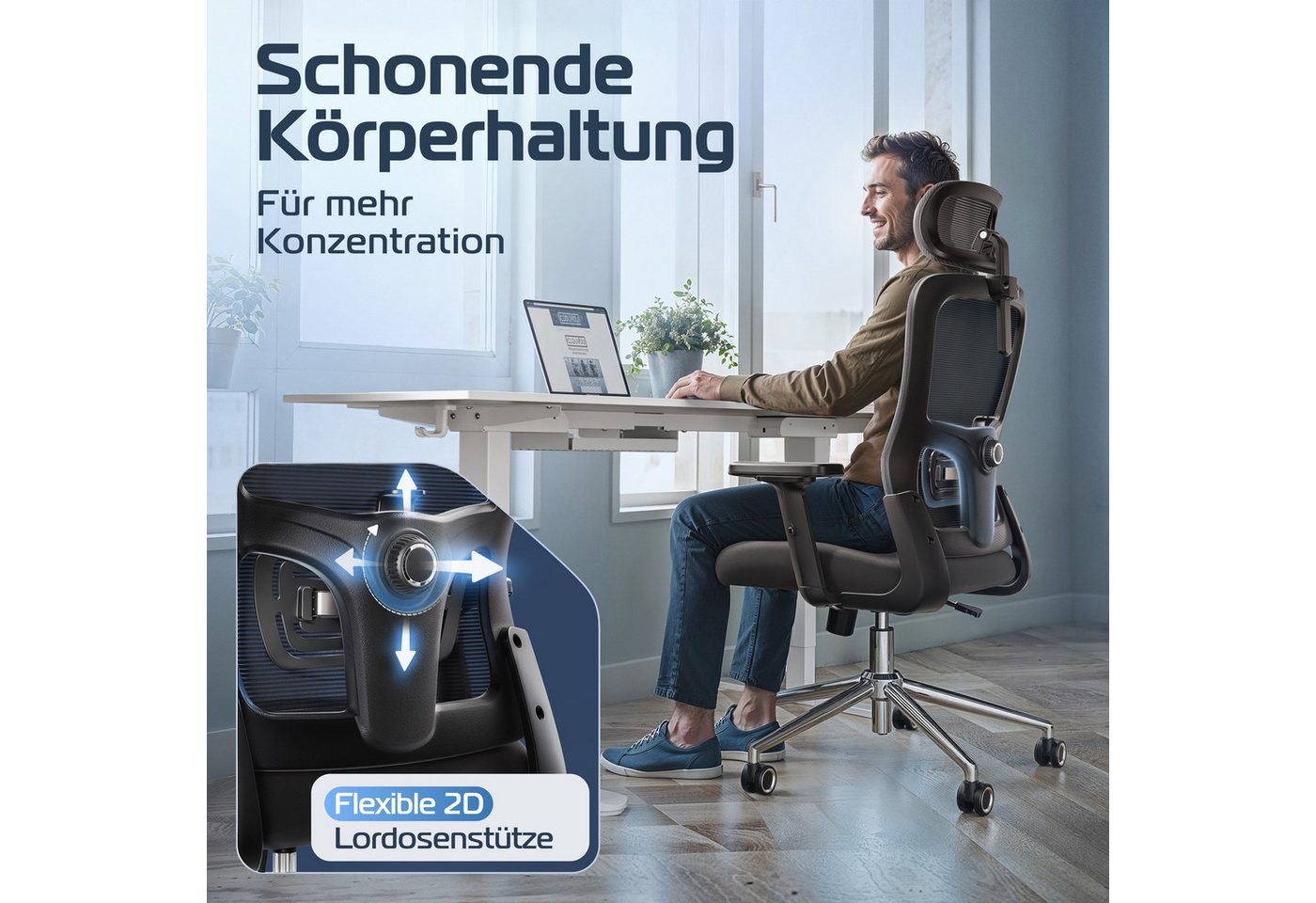CLOUVOU Bürostuhl Ergonomisch, Schreibtischstuhl bis 150 kg (BrightSeat - Chefsessel für Arbeitszimmer, 2D Armlehne), Blade Wheels, Homeoffice, Gaming Stuhl, Dr – Bild 5 von 5