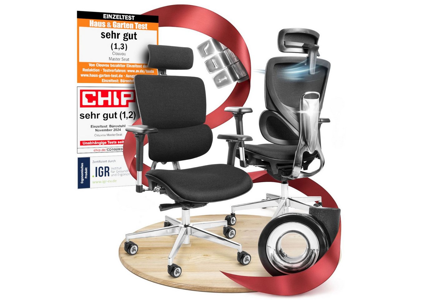 CLOUVOU Bürostuhl Ergonomisch, Schreibtischstuhl bis 150 kg (MasterSeat - Chefsessel für Arbeitszimmer, 4D Gaming Armlehnen), Blade Wheels, Homeoffice, Gaming S – Bild 2 von 5