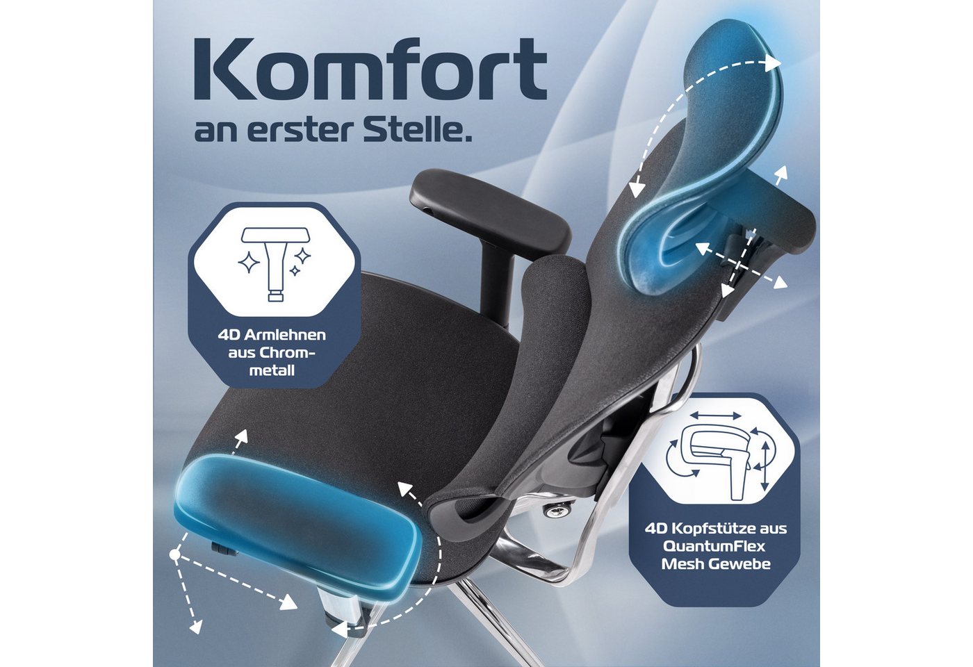 CLOUVOU Bürostuhl Ergonomisch, Schreibtischstuhl bis 150 kg (MasterSeat - Chefsessel für Arbeitszimmer, 4D Gaming Armlehnen), Blade Wheels, Homeoffice, Gaming S – Bild 3 von 5