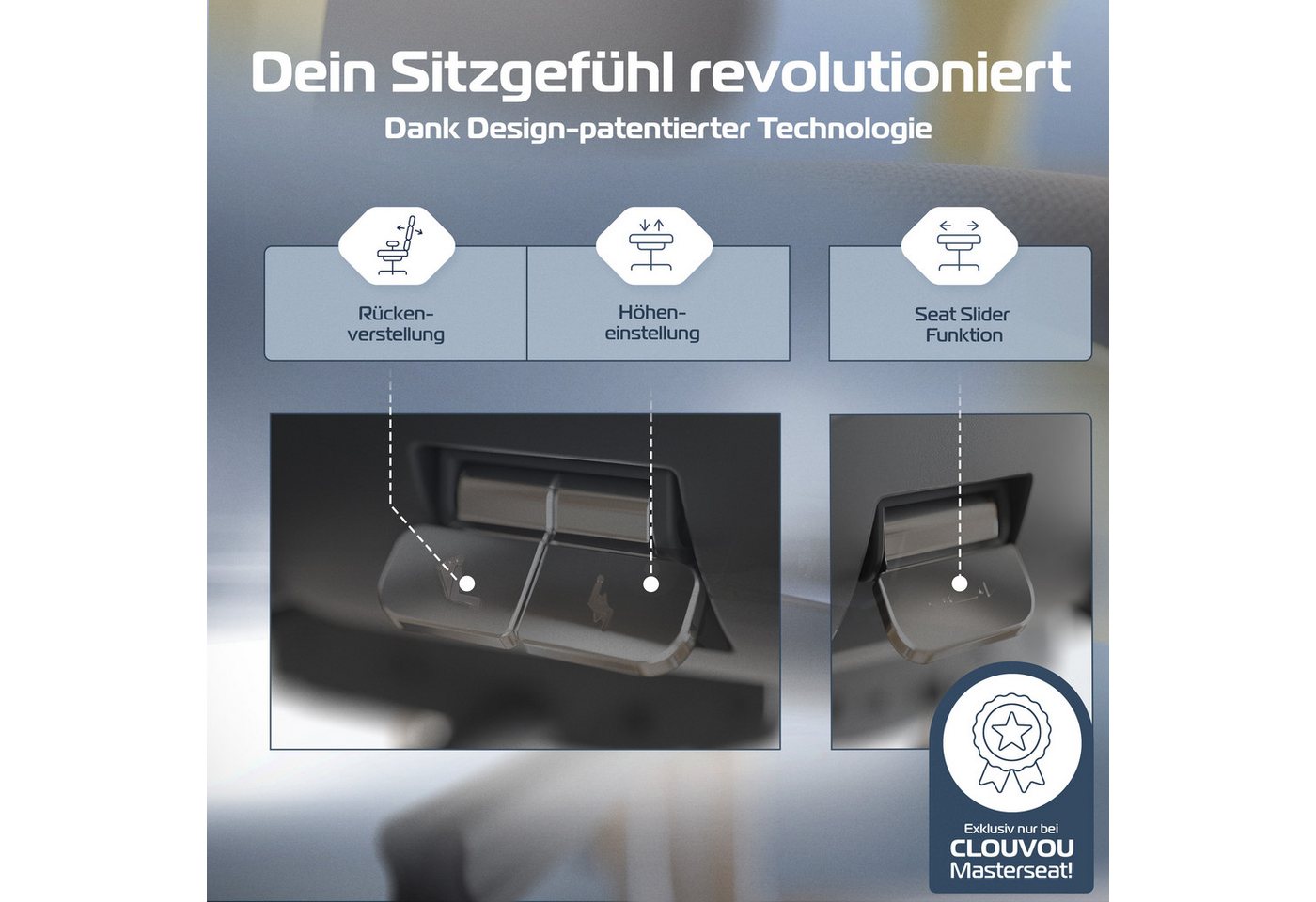 CLOUVOU Bürostuhl Ergonomisch, Schreibtischstuhl bis 150 kg (MasterSeat - Chefsessel für Arbeitszimmer, 4D Gaming Armlehnen), Blade Wheels, Homeoffice, Gaming S – Bild 4 von 5