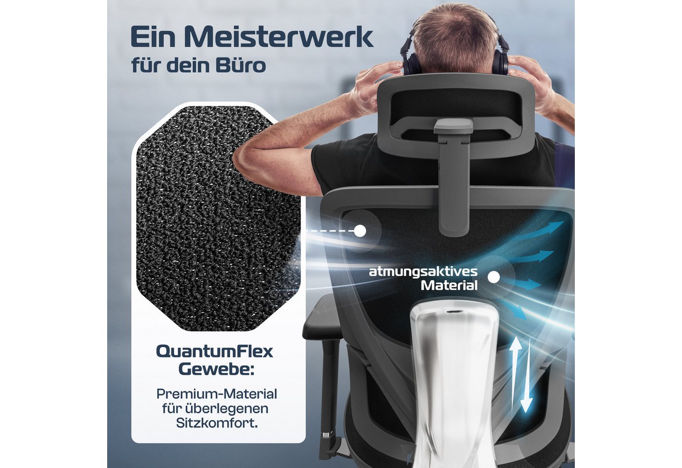 CLOUVOU Bürostuhl Ergonomisch, Schreibtischstuhl bis 150 kg (MasterSeat - Chefsessel für Arbeitszimmer, 4D Gaming Armlehnen), Blade Wheels, Homeoffice, Gaming S – Bild 5 von 5