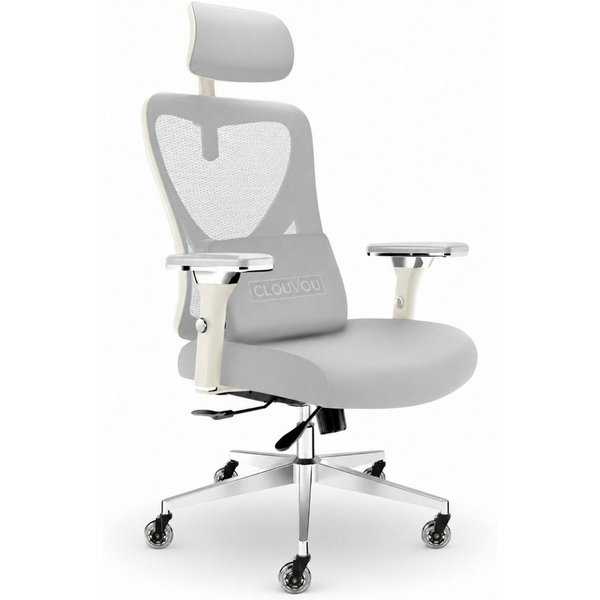 CLOUVOU Bürostuhl Ergonomisch, Schreibtischstuhl bis 150 kg (CleverSeat - Chefsessel für Arbeitszimmer, 4D Chrom-Metallarmlehne), Blade Wheels, Homeoffice, Gami