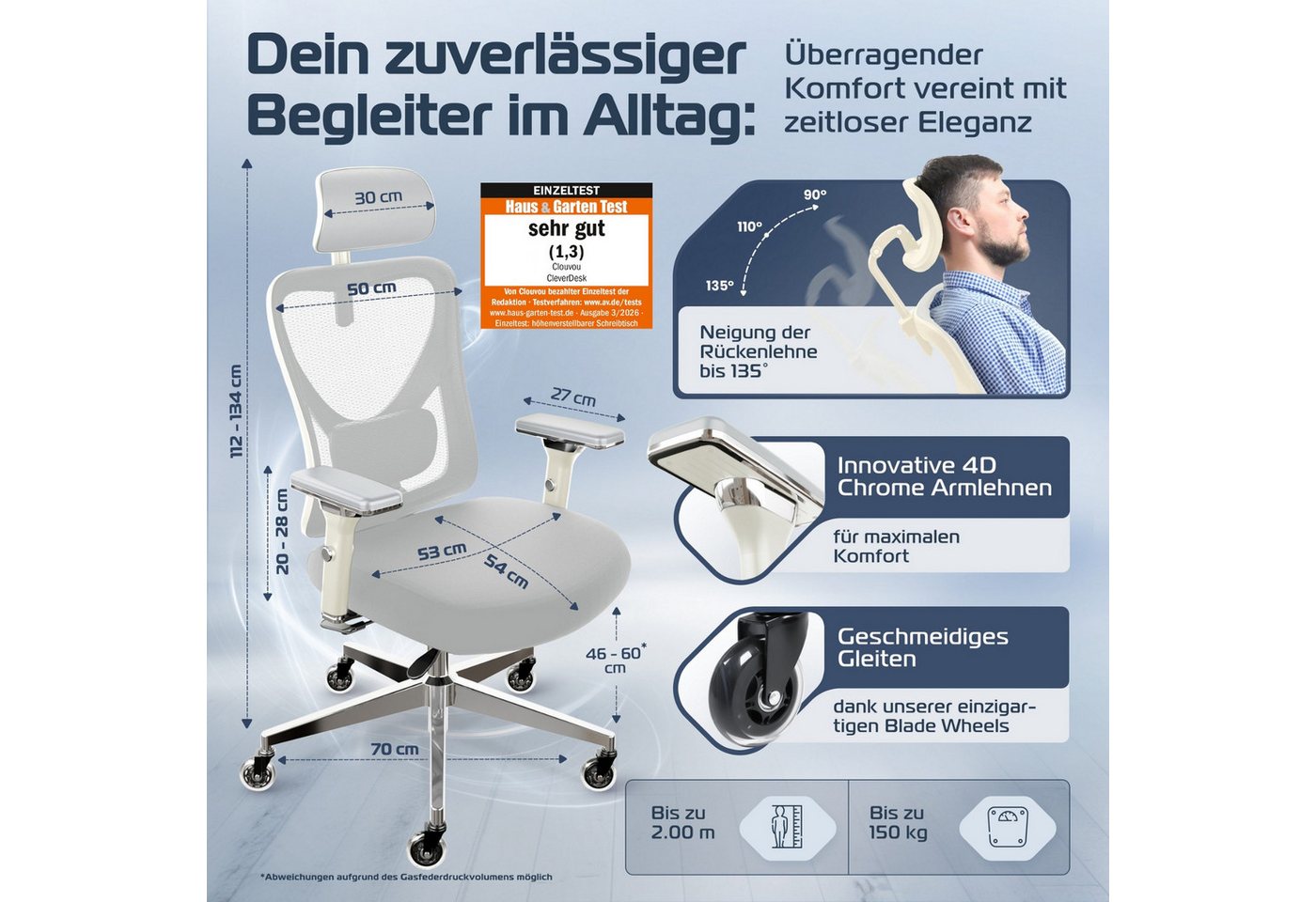CLOUVOU Bürostuhl Ergonomisch, Schreibtischstuhl bis 150 kg (CleverSeat - Chefsessel für Arbeitszimmer, 4D Chrom-Metallarmlehne), Blade Wheels, Homeoffice, Gami – Bild 2 von 5