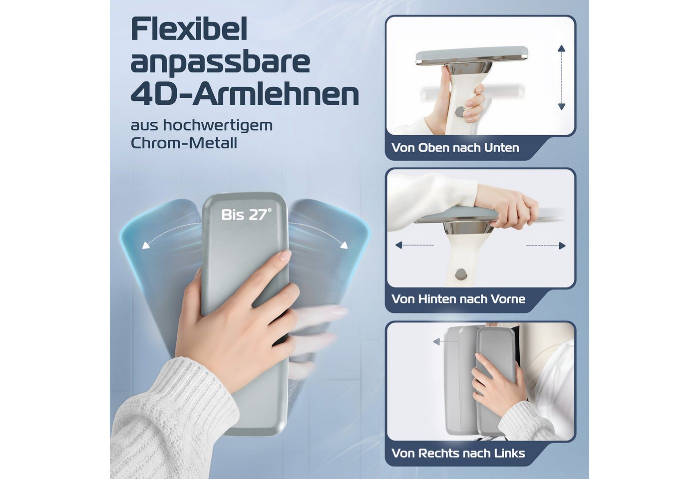 CLOUVOU Bürostuhl Ergonomisch, Schreibtischstuhl bis 150 kg (CleverSeat - Chefsessel für Arbeitszimmer, 4D Chrom-Metallarmlehne), Blade Wheels, Homeoffice, Gami – Bild 3 von 5