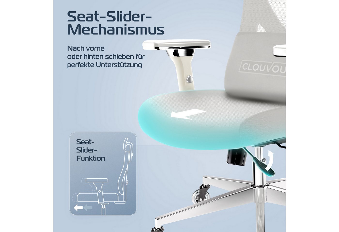 CLOUVOU Bürostuhl Ergonomisch, Schreibtischstuhl bis 150 kg (CleverSeat - Chefsessel für Arbeitszimmer, 4D Chrom-Metallarmlehne), Blade Wheels, Homeoffice, Gami – Bild 4 von 5