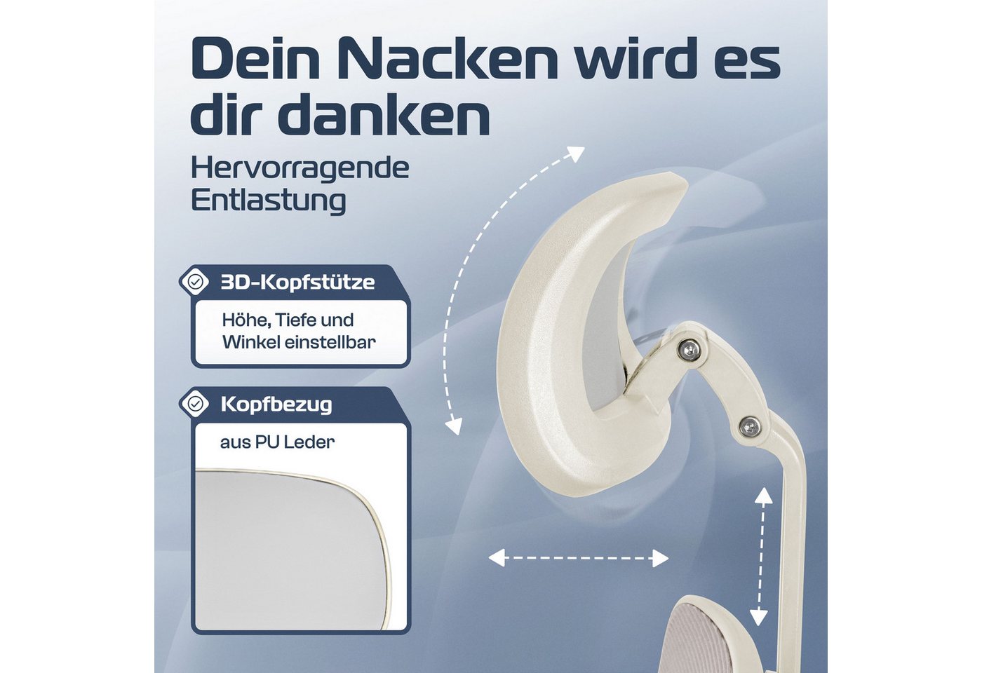 CLOUVOU Bürostuhl Ergonomisch, Schreibtischstuhl bis 150 kg (CleverSeat - Chefsessel für Arbeitszimmer, 4D Chrom-Metallarmlehne), Blade Wheels, Homeoffice, Gami – Bild 5 von 5