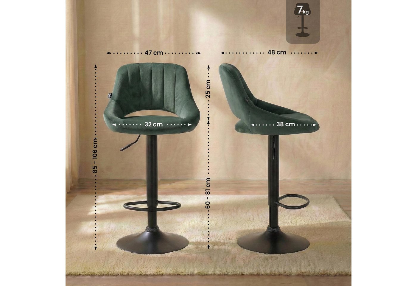 CLP Barhocker Milet Samt (Set, 2er), Samtbezüge, höhenverstellbar, drehbar – Bild 2 von 5