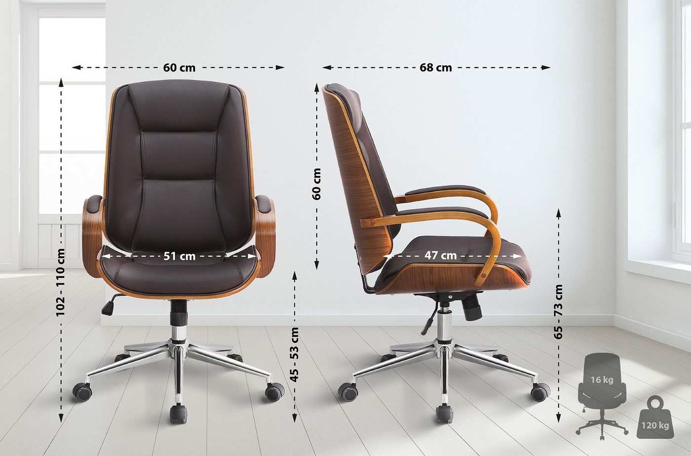 CLP Bürostuhl Bürostuhl ergonomisch gepolstert in Lederoptik (1er), höhenverstellbar, mit Chromgestell – Bild 2 von 5