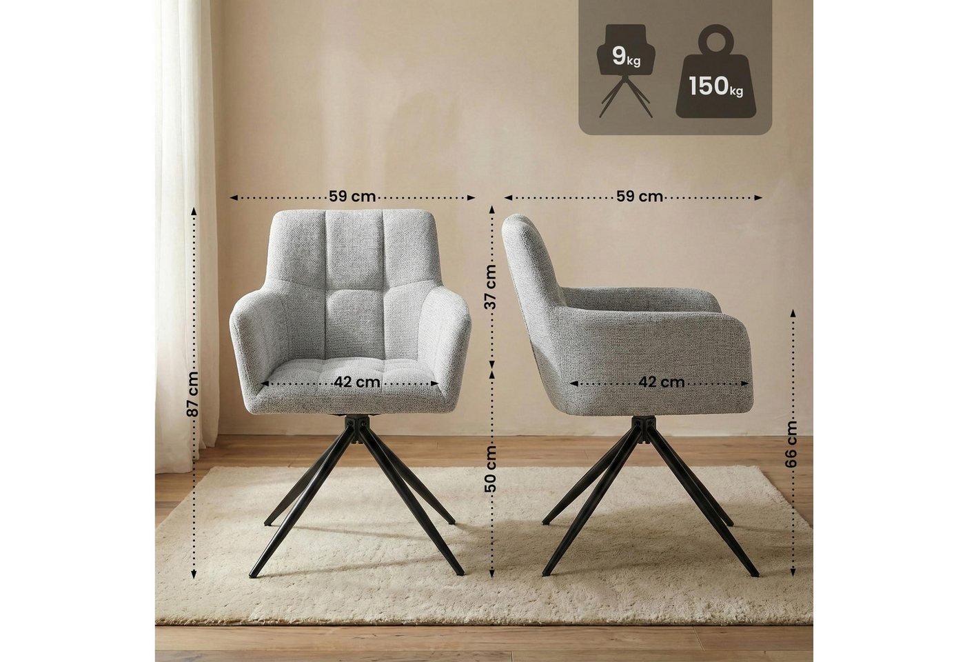 CLP Esszimmerstuhl Jonah (2er Set), drehbar mit Armlehnen, bis 150 kg belastbar – Bild 2 von 5
