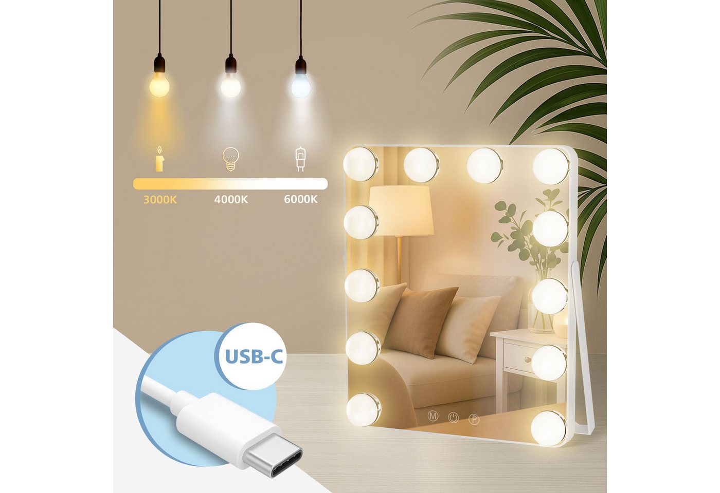 CLP Schminkspiegel Balian (1er), LED 3 Lichtfarben, USB-C inkl. Kabel, Hollywoodspiegel – Bild 3 von 5