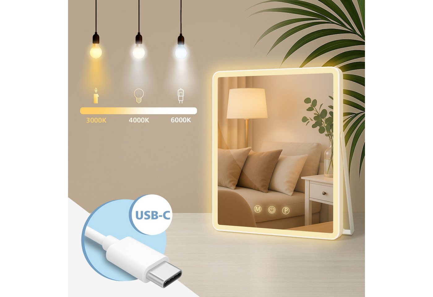 CLP Schminkspiegel Caistor (1er), LED, 3 Lichtfarben, transportabel, USB-C-Kabel – Bild 3 von 5