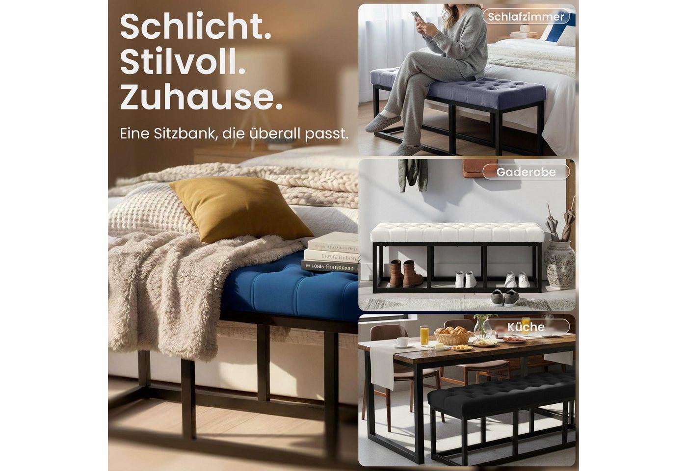 CLP Sitzbank Polson Samt Schwarz (1er), mit robustem Metallgestell – Bild 4 von 5