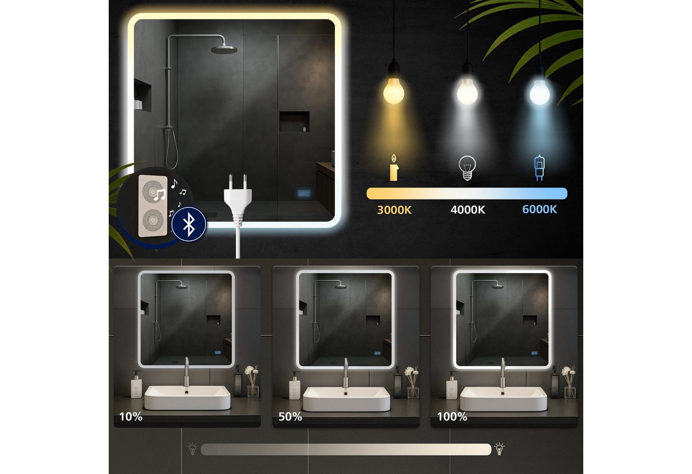 CLP Wandspiegel Jericho (1er), Bluetooth-Lautsprecher, Anti-Fog, LED-Licht, IP44 – Bild 4 von 5