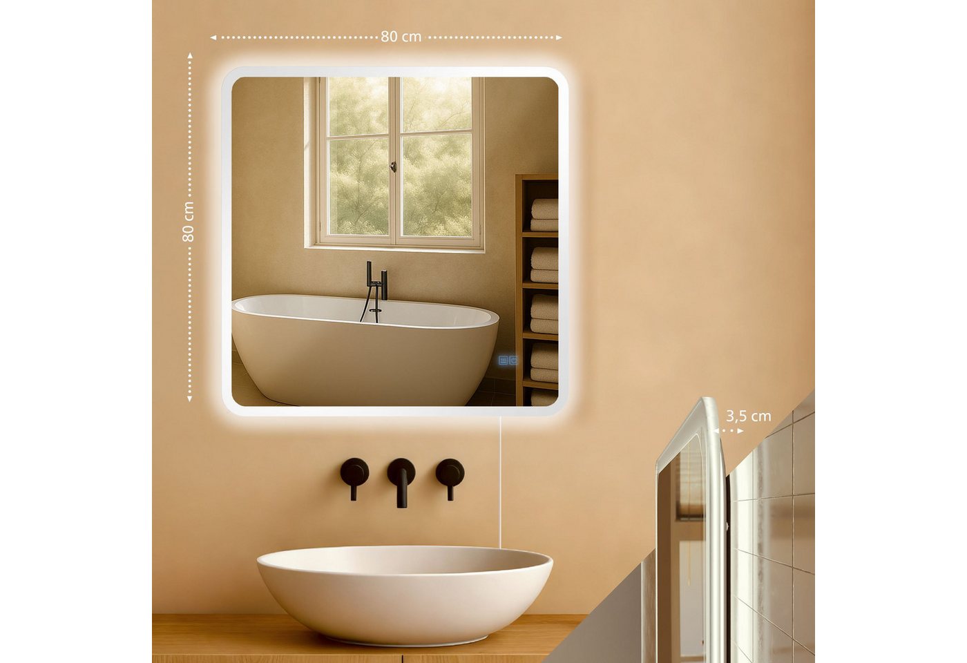 CLP Wandspiegel Jericho (1er), Anti-Beschlag, LED-Licht, dimmbar, 3 Modi, IP44 – Bild 2 von 5