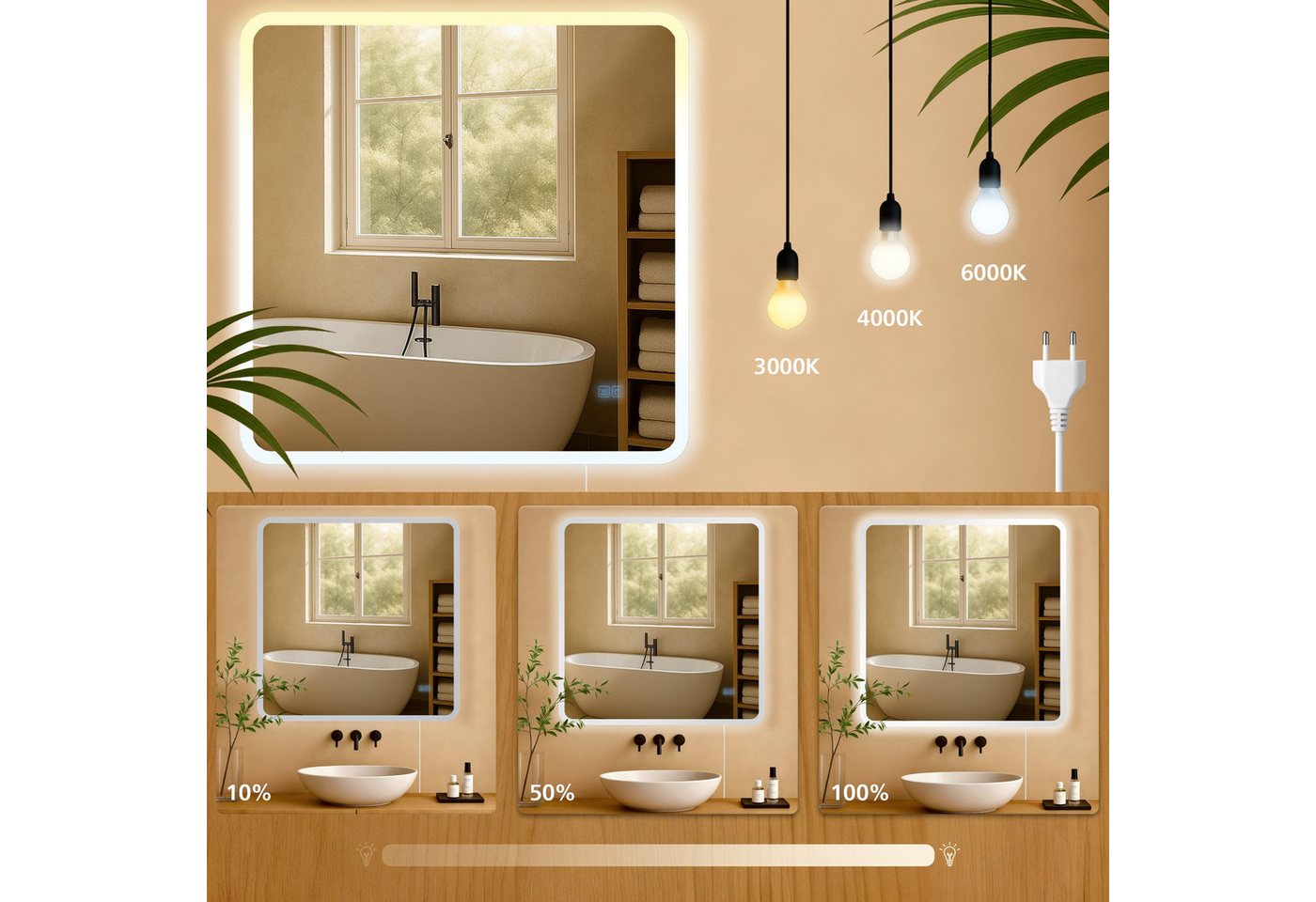 CLP Wandspiegel Jericho (1er), Anti-Beschlag, LED-Licht, dimmbar, 3 Modi, IP44 – Bild 5 von 5