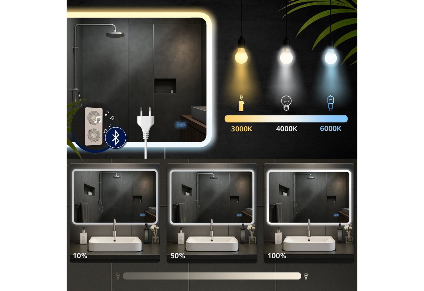 CLP Wandspiegel Jericho (1er), Bluetooth-Lautsprecher, Anti-Fog, LED-Licht, IP44 – Bild 4 von 5