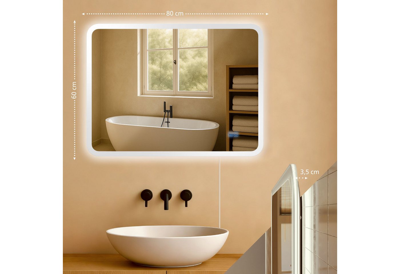 CLP Wandspiegel Jericho (1er), Anti-Beschlag, LED-Licht, dimmbar, 3 Modi, IP44 – Bild 2 von 5
