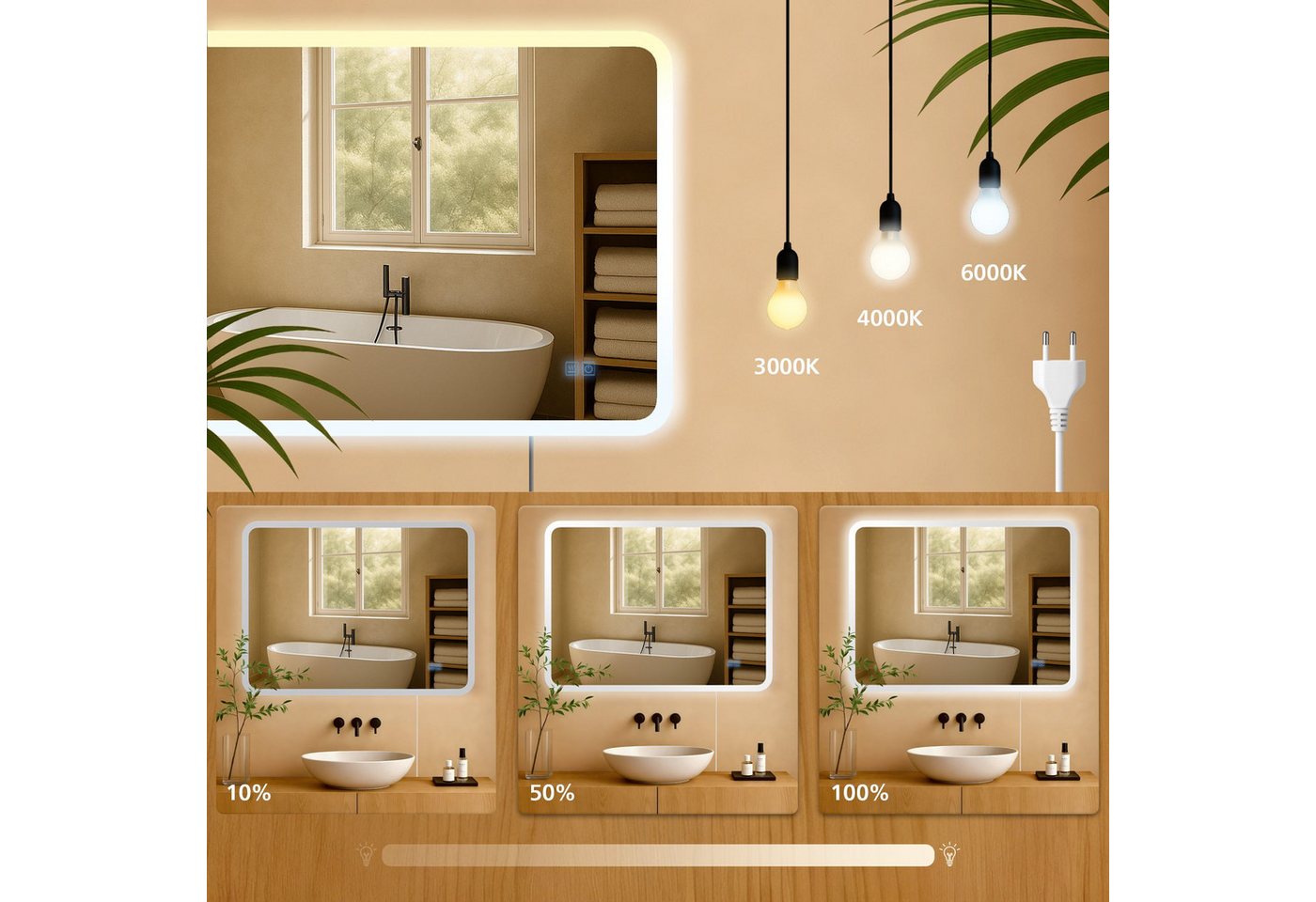 CLP Wandspiegel Jericho (1er), Anti-Beschlag, LED-Licht, dimmbar, 3 Modi, IP44 – Bild 5 von 5