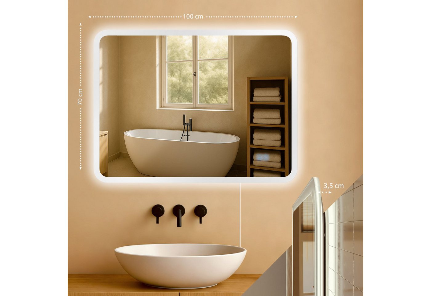 CLP Wandspiegel Jericho (1er), Anti-Beschlag, LED-Licht, dimmbar, 3 Modi, IP44 – Bild 2 von 5