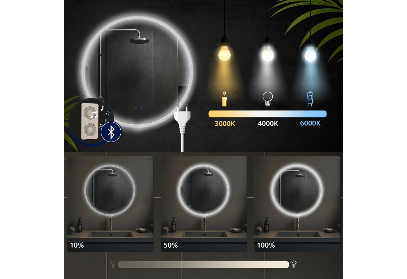 CLP Wandspiegel Laconia (1er), Bluetooth-Lautsprecher, Anti-Fog, LED-Licht, IP44 – Bild 4 von 5