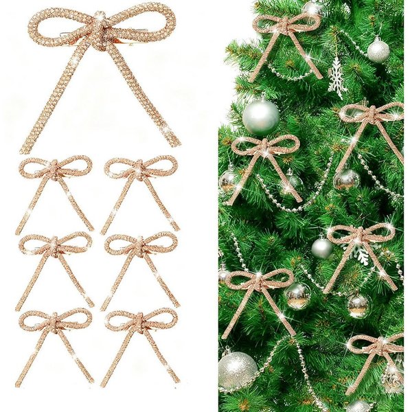 CLTYQ Christbaumschmuck Schleifen mit Strasssteinen und gold-champagnerfarbener Glitzeroptik (6-tlg), für Weihnachtsbaum, Kranz, Girlande und Geschenkverpackung