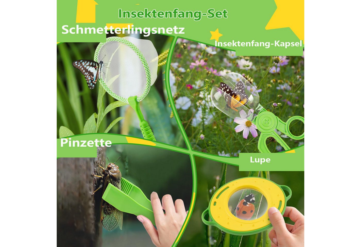 CLTYQ Experimentierkasten Forscherset, Entdecker Set mit Insekten Beobachtungsbox 5-teiliges Set, (5-tlg), Lupenglas Kinder, Insektenfänger,Schmetterlingsnetz ü – Bild 2 von 5