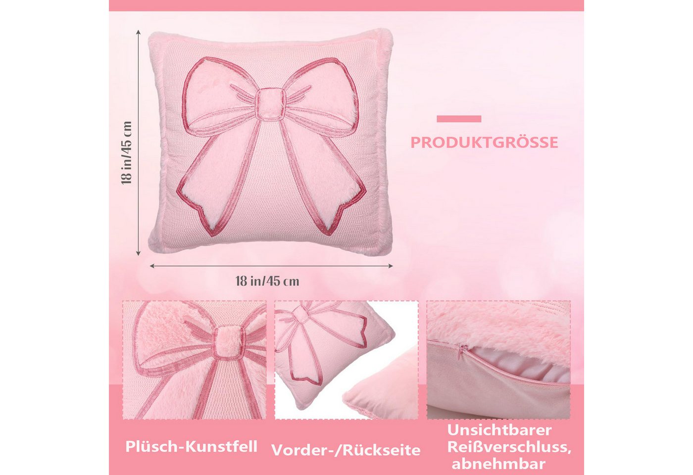 CLTYQ Kissenbezug Kissenbezug-Set, rosa Schleife, 45,7 x 45,7 cm, (2 Stück), bestickter Kissenbezug mit Schleife, weicher Kissenbezug aus Kunstfell – Bild 3 von 5