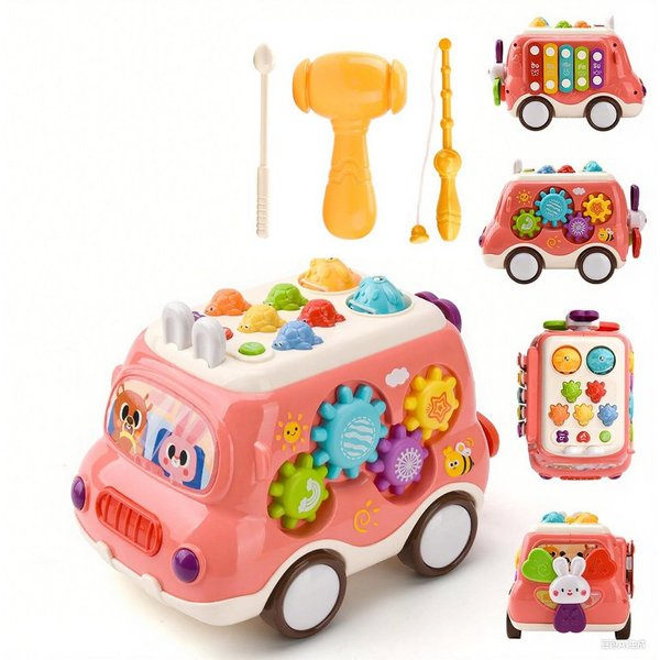 CLTYQ Lernspielzeug Lernspielzeug Bus ab 3 Jahre, Motorikspielzeug mit Musik und Licht (Hammerspiel, Angelspiel & Licht), musikalisches & sensorisches Lernspiel