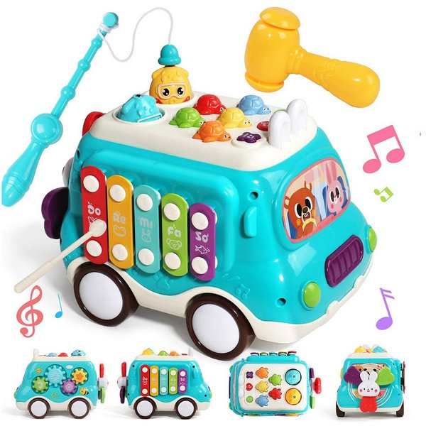 CLTYQ Lernspielzeug Lernspielzeug Bus ab 3 Jahre, Motorikspielzeug mit Musik und Licht (Hammerspiel, Angelspiel & Licht), musikalisches & sensorisches Lernspiel