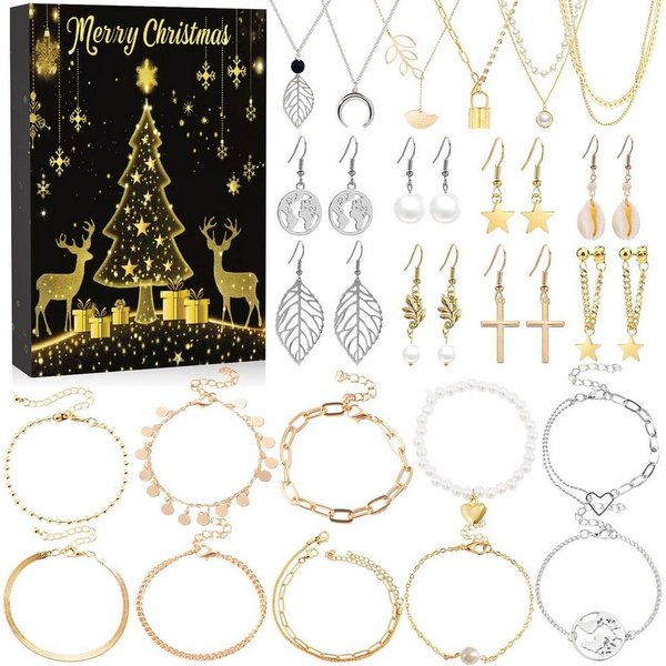 CLTYQ Schmuck-Adventskalender Adventskalender Schmuck, Teenager Mädchen Weihnachtskalender, 24 Überraschungen Armband Halskette,Ohrringe Damen Schmuck Set